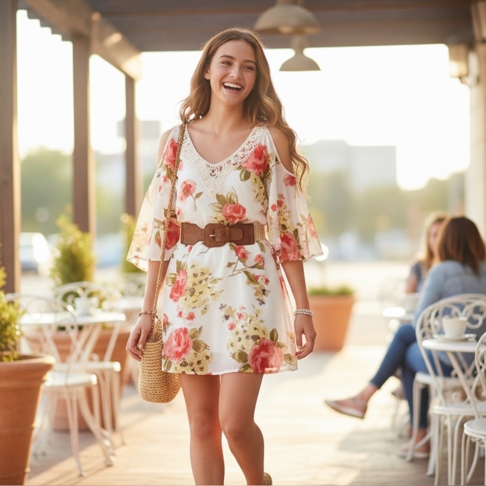 Twenty-Six White Floral Boho Chiffon Juniors Tunic Top w/ Crochet Trim & Belt